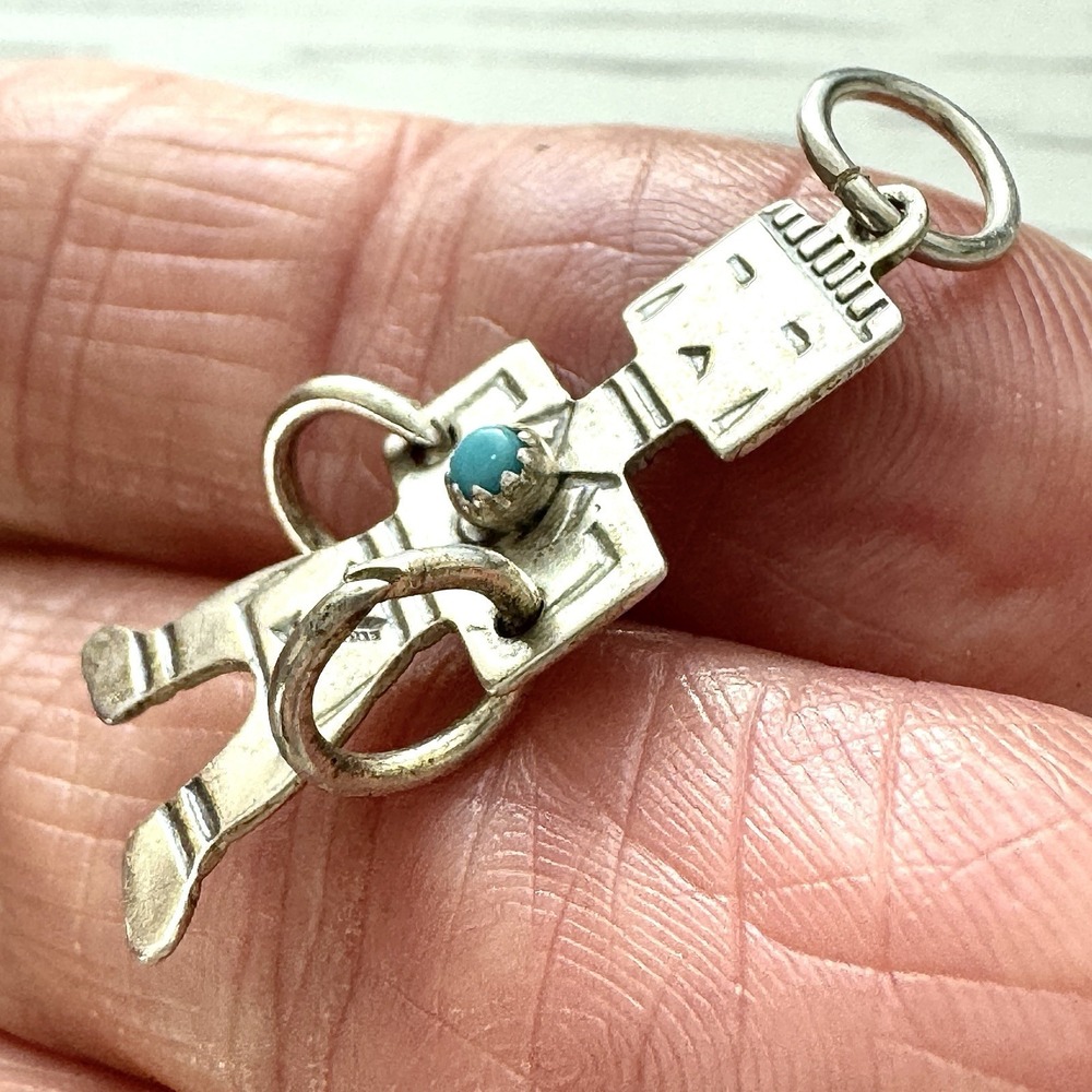 VTG Navajo Kachina Turquoise Pendant Mini Harvey Era Sterling Hoop Dancer Charm - Picture 3 of 6